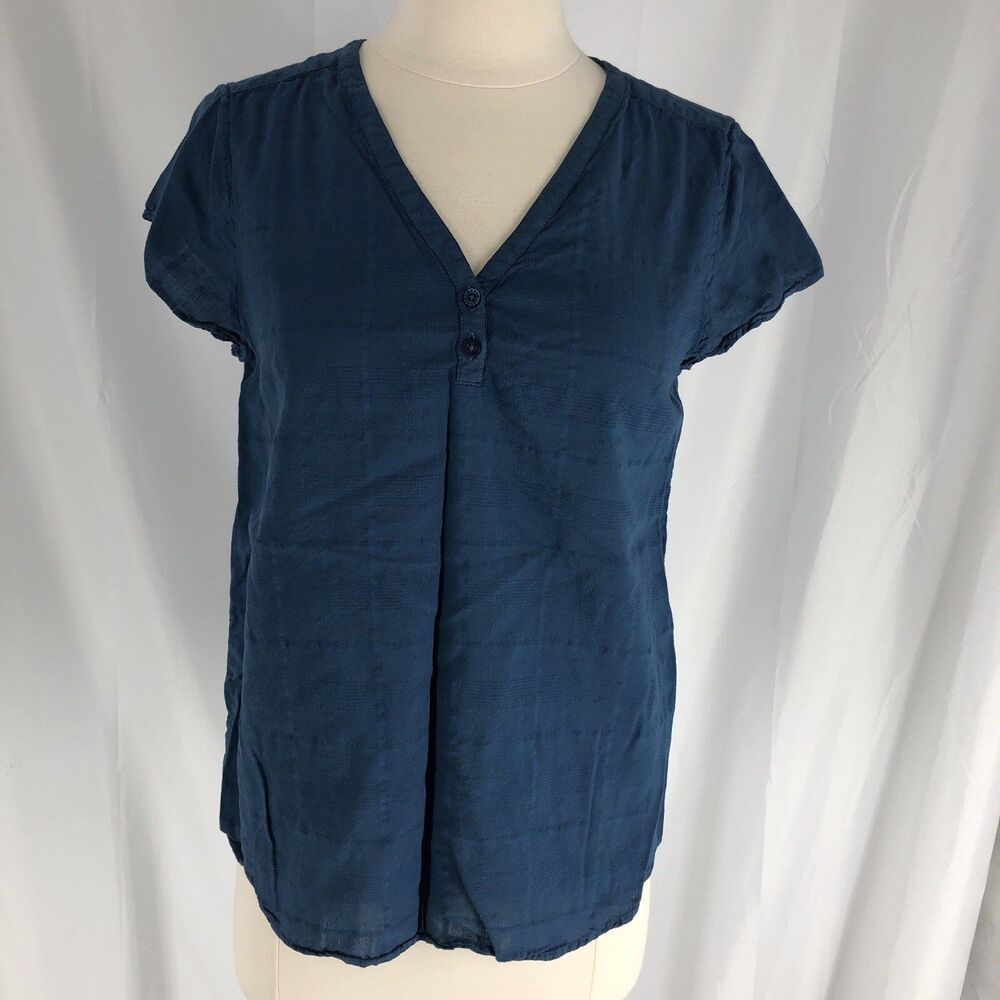 Orvis V Neck Blouse Shirt Short Cap Sleeve Blue Cotton Modal Size Small